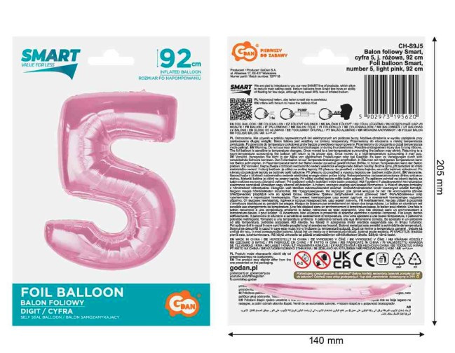 Balon foliowy B&C cyfra "5" j. różowa 92cm CH-S9J5 GoDan